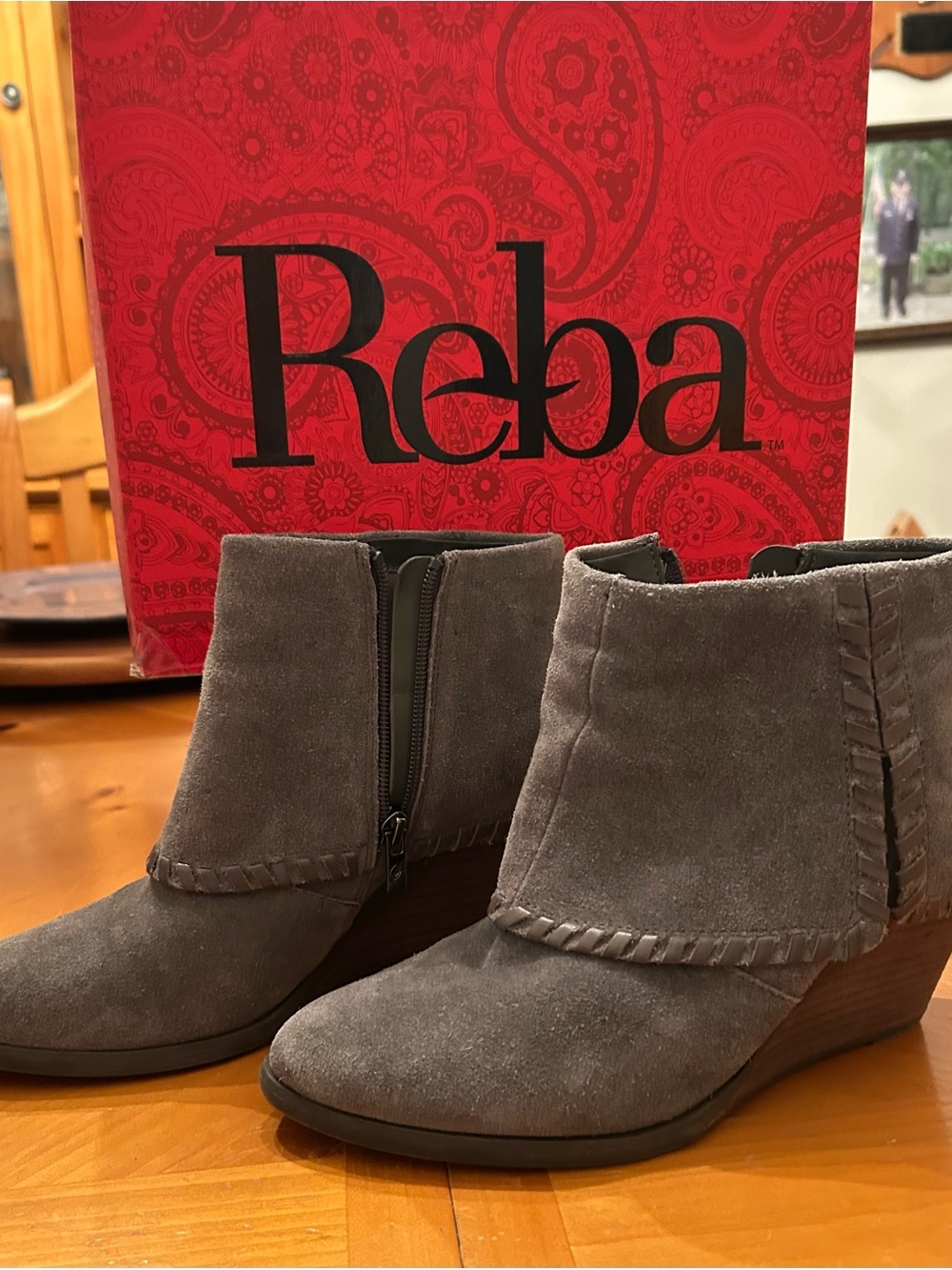 Reba Gray Suede Wedge Ankle Booties with Whipstitch Trim